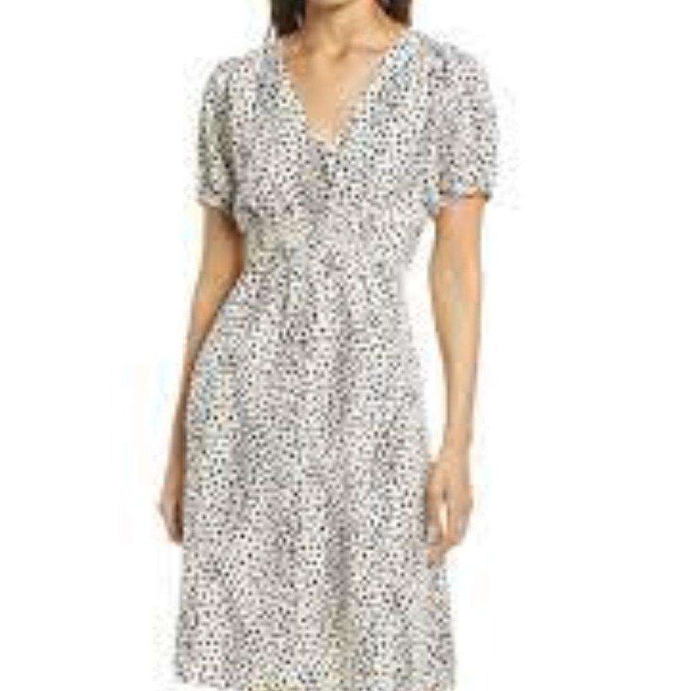 ✅ HALOGEN Animal Print A-line Challis Dress In White- Black Sm Dots
